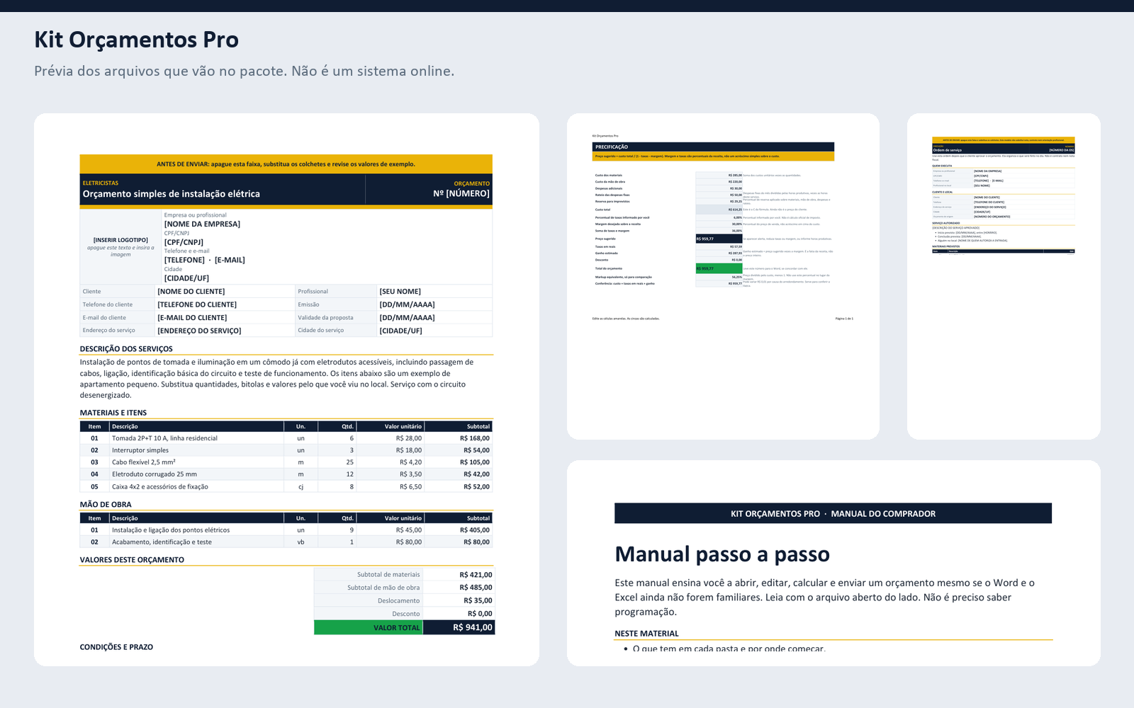 Composição com páginas reais do orçamento, da planilha e do manual lado a lado.